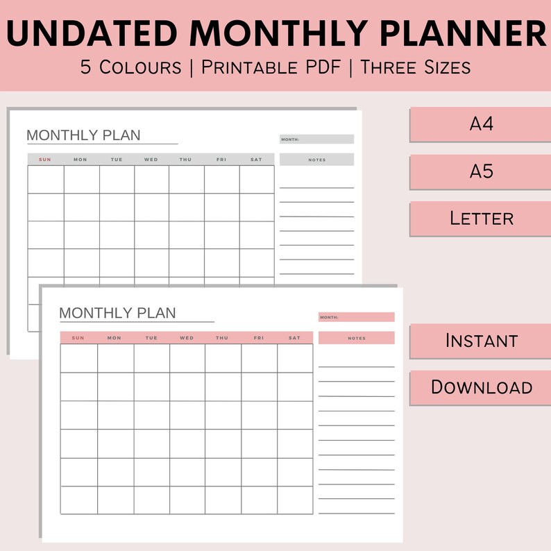 Undated Monthly Planner Printable Blank Calendar Month at A Glance 