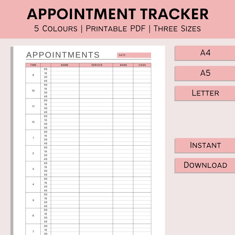 15 Minute Interval Appointment Book Printable Appointment Tracker Daily Schedule Business Resources Printable PDF A4 A5 Letter image 1