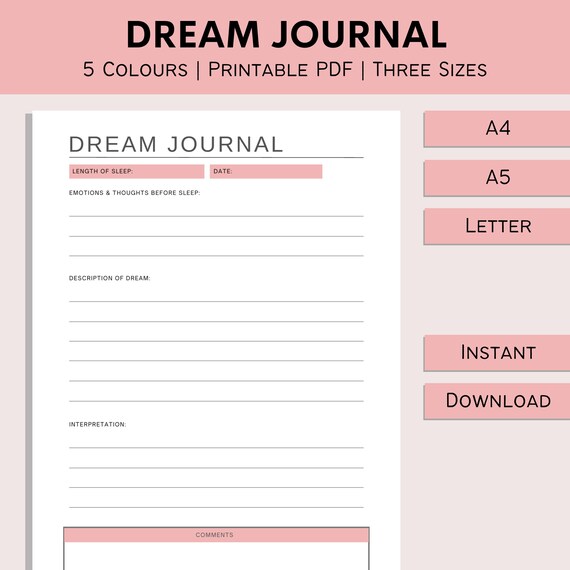 Dream Journal | Printable Sleep Diary | Dream Interpretation Plan | Lucid Dreaming Tracker | Sleep Record Sheet | PDF | A4 | A5 | Letter