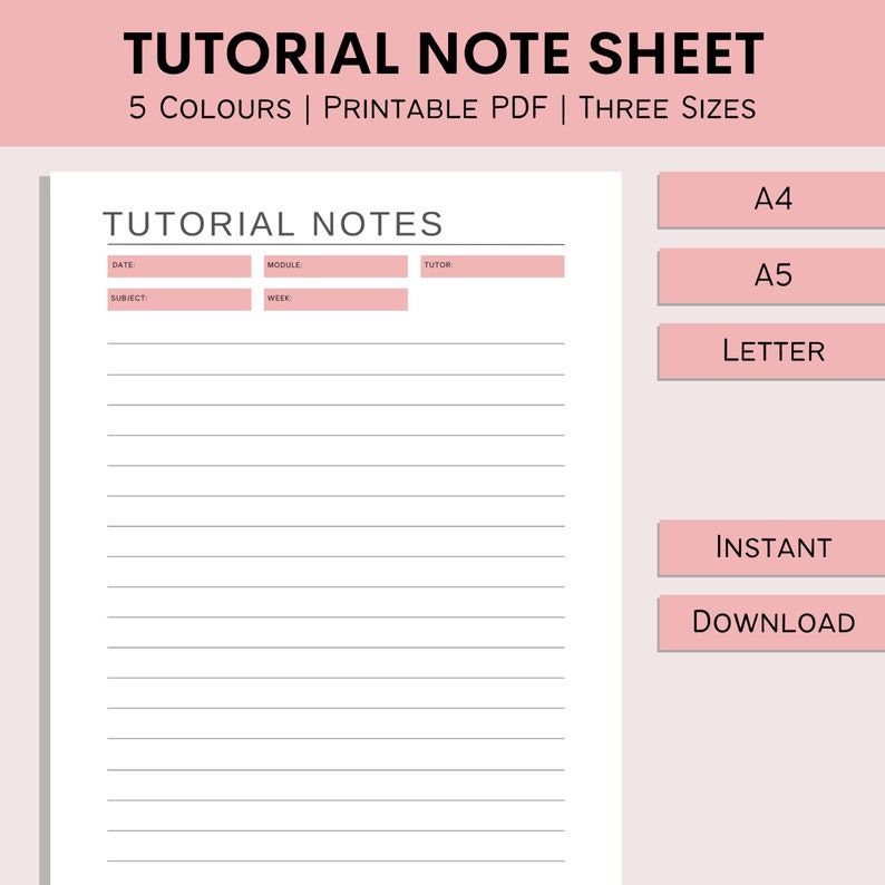 K&ouml;nnte beinhalten: Druckbare Notizblattvorlage f&uuml;r Tutorials in den Formaten A4, A5 und Letter. Das Blatt enth&auml;lt Abschnitte f&uuml;r Datum, Thema, Modul, Woche und Tutor. Die Vorlage steht zum sofortigen Download bereit.