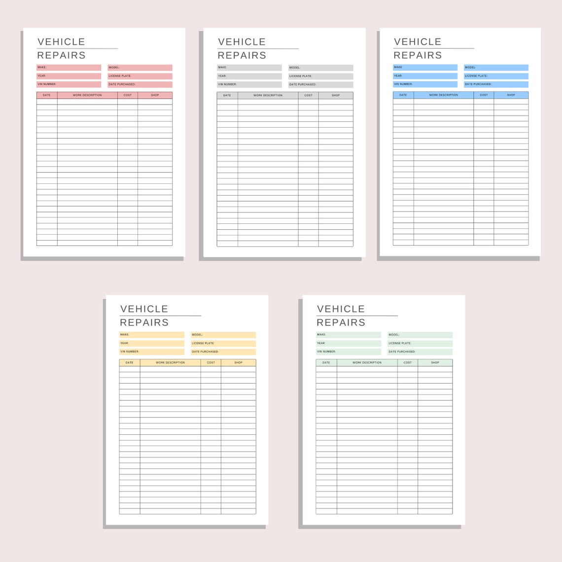 Vehicle Repair Log | Maintenance Tracker | Mechanic | Printable Work ...