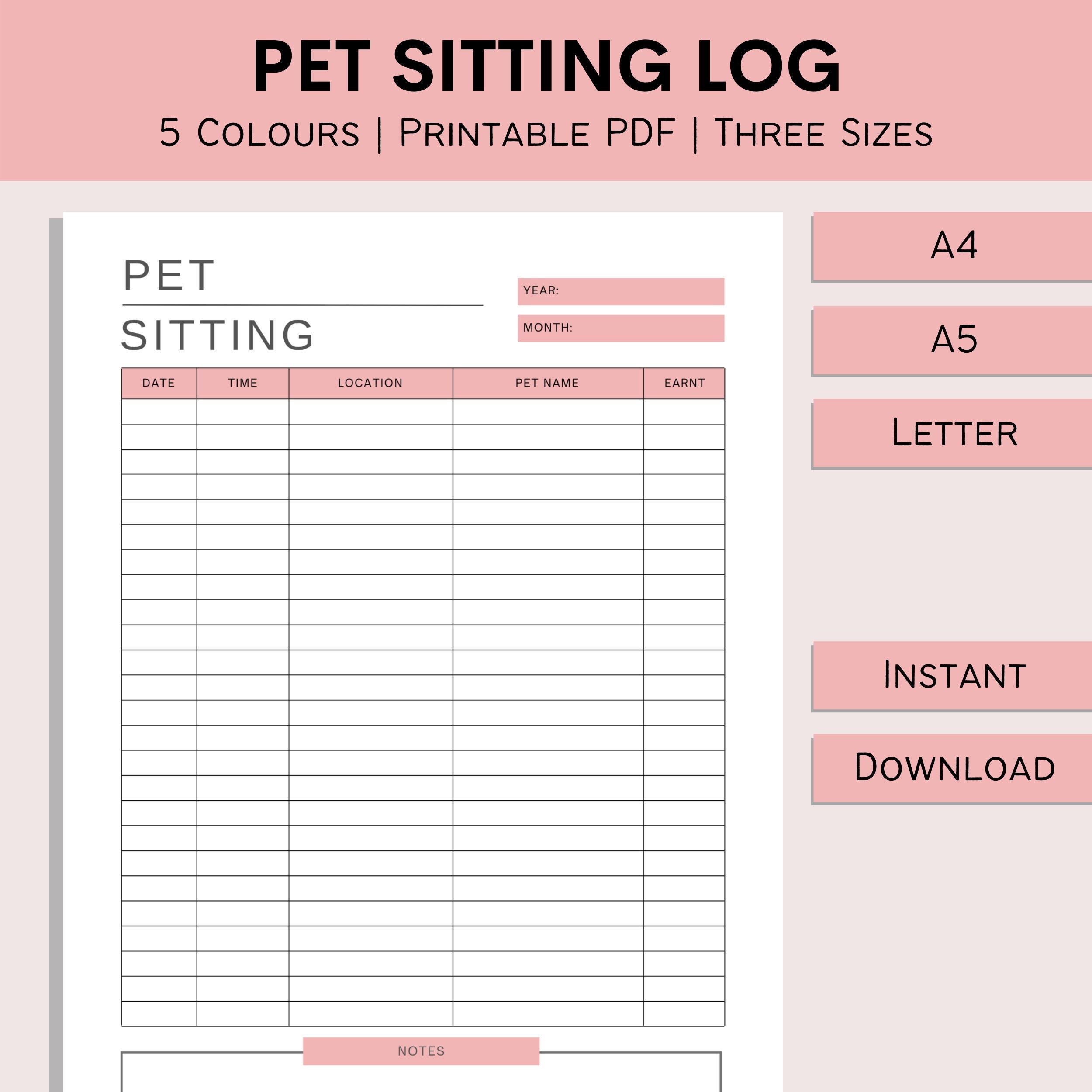 Pet Sitting Log Pet Business Form Dog Walking Form Dog Etsy Australia