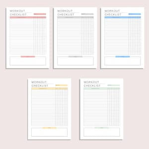 May include: Five printable workout checklists with a simple design. Each checklist has a section for the week of the month, workout activity, and notes. The checklists are in different colors: pink, gray, blue, yellow, and green.
