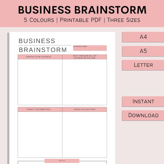 Business Brainstorm Sheet | Small Business Planner | Start Up Overview | Entrepreneur Planner | Home Business | PDF | A4 | A5 | Letter