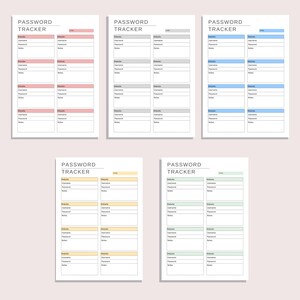 May include: Five printable password tracker pages with different colored headers. Each page has columns for website, username, password, and notes.