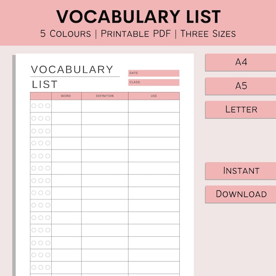 Vocabulary List | Printable Literacy Worksheet | Voca Card | Language Study | Vocabulary Notes | Student Resources | PDF | A4 | A5 | Letter