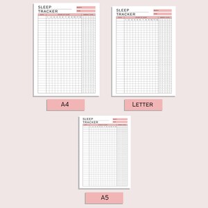 May include: Three printable sleep tracker templates in A4, Letter, and A5 sizes. Each template has a table with columns for date, hours of sleep, and energy level.