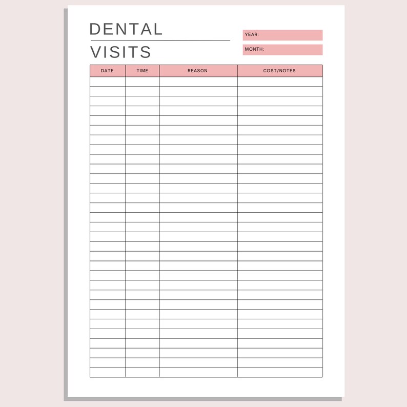 Dental Visit Tracker, Dentist Log, Medical Appointments, Teeth Health, Printable Dentist History