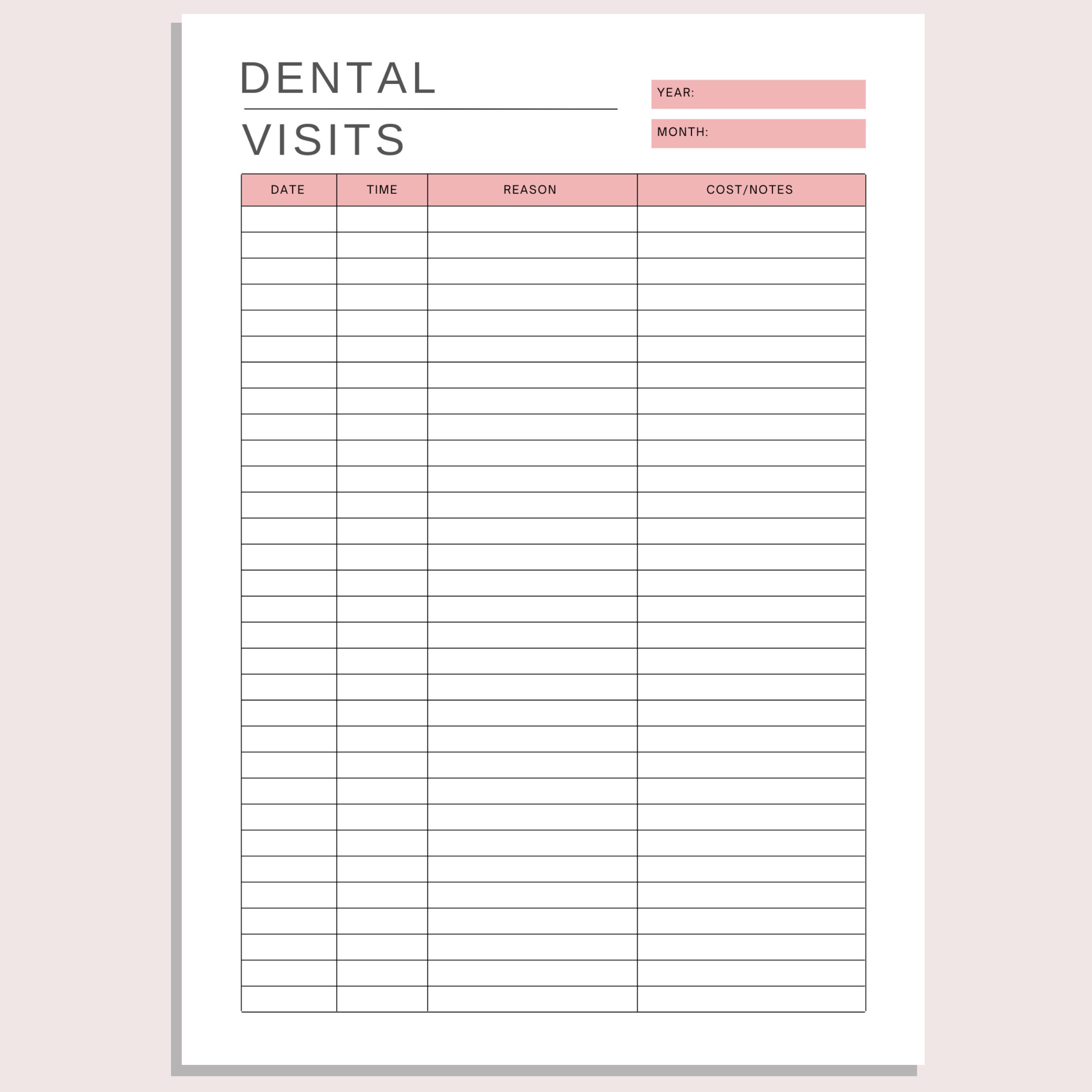 Dental Visit Tracker, Dentist Log, Medical Appointments, Teeth Health