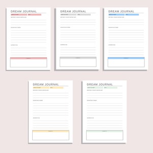 May include: A collection of white Dream Journal notebooks with various colored accents. Each journal features sections for recording dream details, emotions, and interpretations. The notebooks have pink, gray, blue, yellow, and green accents.