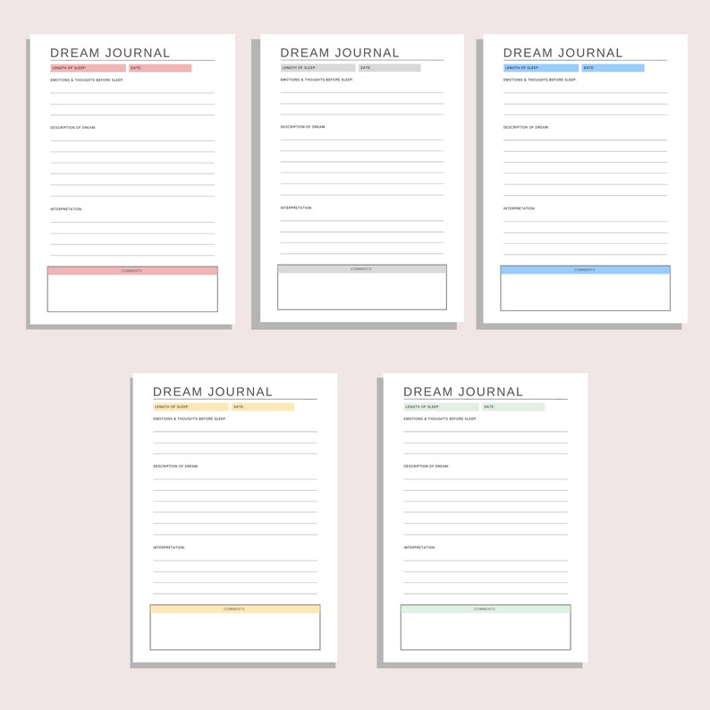 May include: A collection of white Dream Journal notebooks with various colored accents. Each journal features sections for recording dream details, emotions, and interpretations. The notebooks have pink, gray, blue, yellow, and green accents.