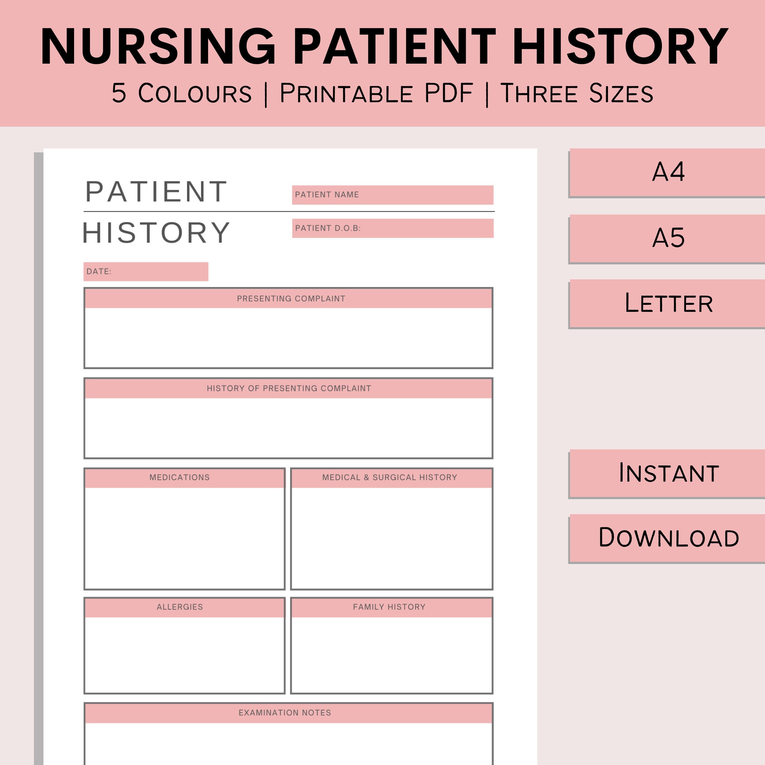 Nursing Patient History | Nursing Student Printable Sheet | Medical School | Medical History Log | Revision Sheet | PDF | A4 | A5 | Letter