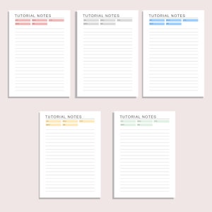 K&ouml;nnte beinhalten: F&uuml;nf druckbare Seiten mit liniertem Papier und Platz f&uuml;r Notizen. Jede Seite tr&auml;gt den Titel "Tutorial Notes" und enth&auml;lt Abschnitte f&uuml;r "Datum", "Fach", "Notizen" und "Thema". Die Seiten haben unterschiedlich farbige K&auml;stchen f&uuml;r jeden Abschnitt.