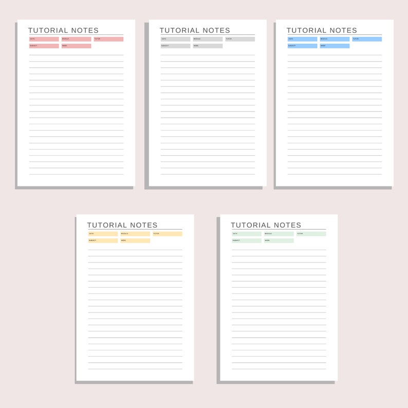 K&ouml;nnte beinhalten: F&uuml;nf druckbare Seiten mit liniertem Papier und Platz f&uuml;r Notizen. Jede Seite tr&auml;gt den Titel "Tutorial Notes" und enth&auml;lt Abschnitte f&uuml;r "Datum", "Fach", "Notizen" und "Thema". Die Seiten haben unterschiedlich farbige K&auml;stchen f&uuml;r jeden Abschnitt.