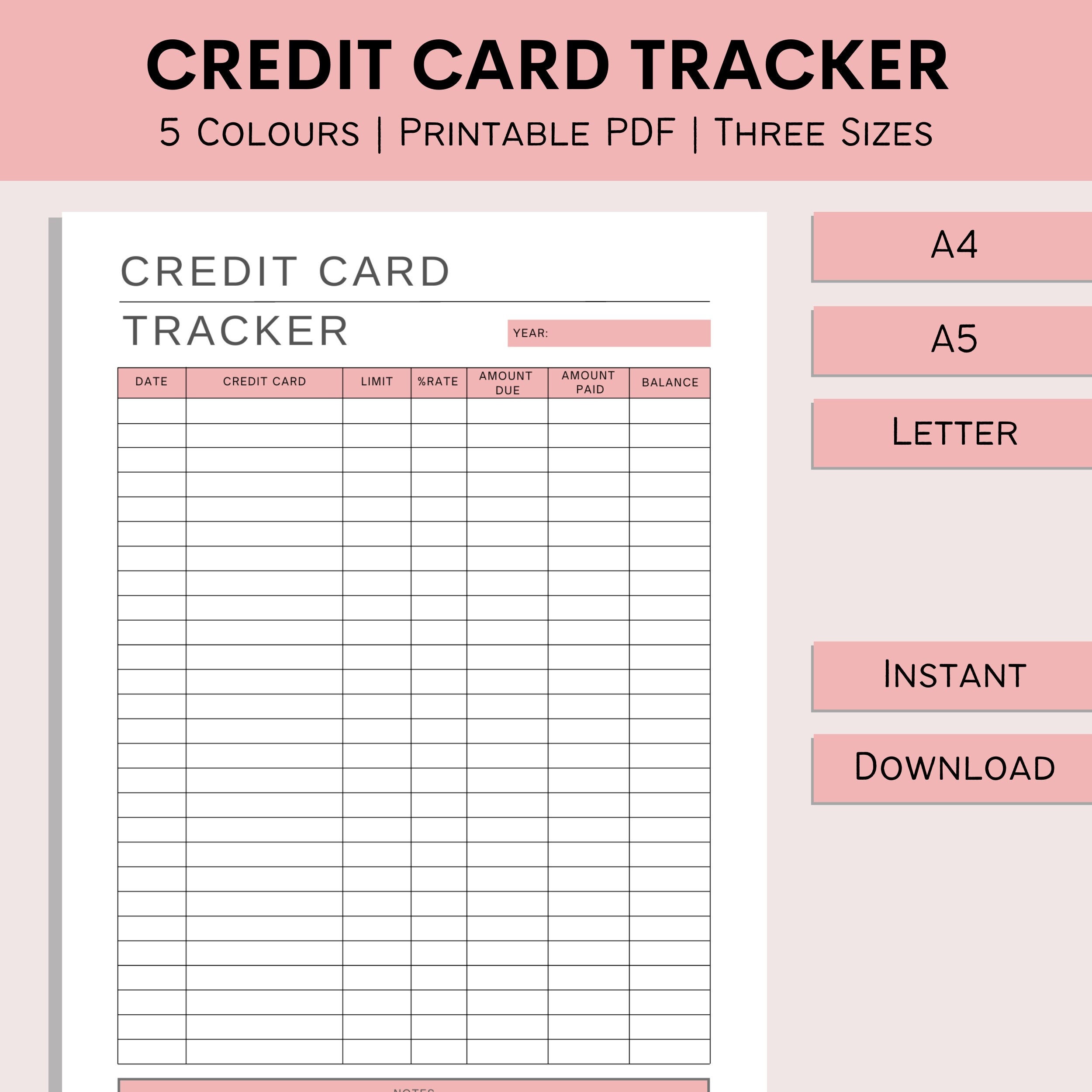 Rastreador de cartão de crédito | Planejador de cartão de crédito para impressão | Gestão Financeira | Fichário Financeiro | Rastreador de dívida | PDF | A4 | A5 | Carta