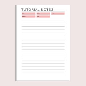 K&ouml;nnte beinhalten: Eine druckbare Vorlage f&uuml;r Notizen aus dem Unterricht mit Abschnitten f&uuml;r Datum, Fach, Modul, Woche, Tutor. Die Vorlage hat linierte Seiten zum Notieren.