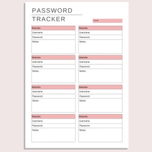 May include: A printable password tracker with a pink and white color scheme. The tracker has eight sections for website, username, password, and notes.