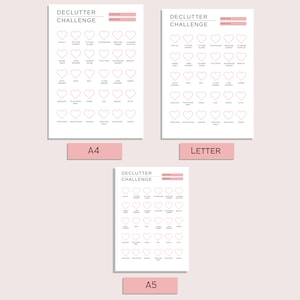 Pode incluir: Uma lista de verifica&ccedil;&atilde;o imprim&iacute;vel para um desafio de organiza&ccedil;&atilde;o com um design de cora&ccedil;&atilde;o rosa. A lista inclui uma variedade de &aacute;reas para organizar, como a despensa, a cozinha, o banheiro e o quarto. A lista est&aacute; dispon&iacute;vel em tr&ecirc;s tamanhos: A4, Letter e A5.