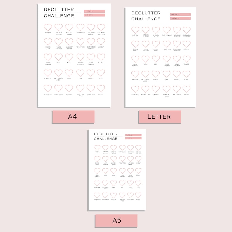 Pode incluir: Uma lista de verifica&ccedil;&atilde;o imprim&iacute;vel para um desafio de organiza&ccedil;&atilde;o com um design de cora&ccedil;&atilde;o rosa. A lista inclui uma variedade de &aacute;reas para organizar, como a despensa, a cozinha, o banheiro e o quarto. A lista est&aacute; dispon&iacute;vel em tr&ecirc;s tamanhos: A4, Letter e A5.