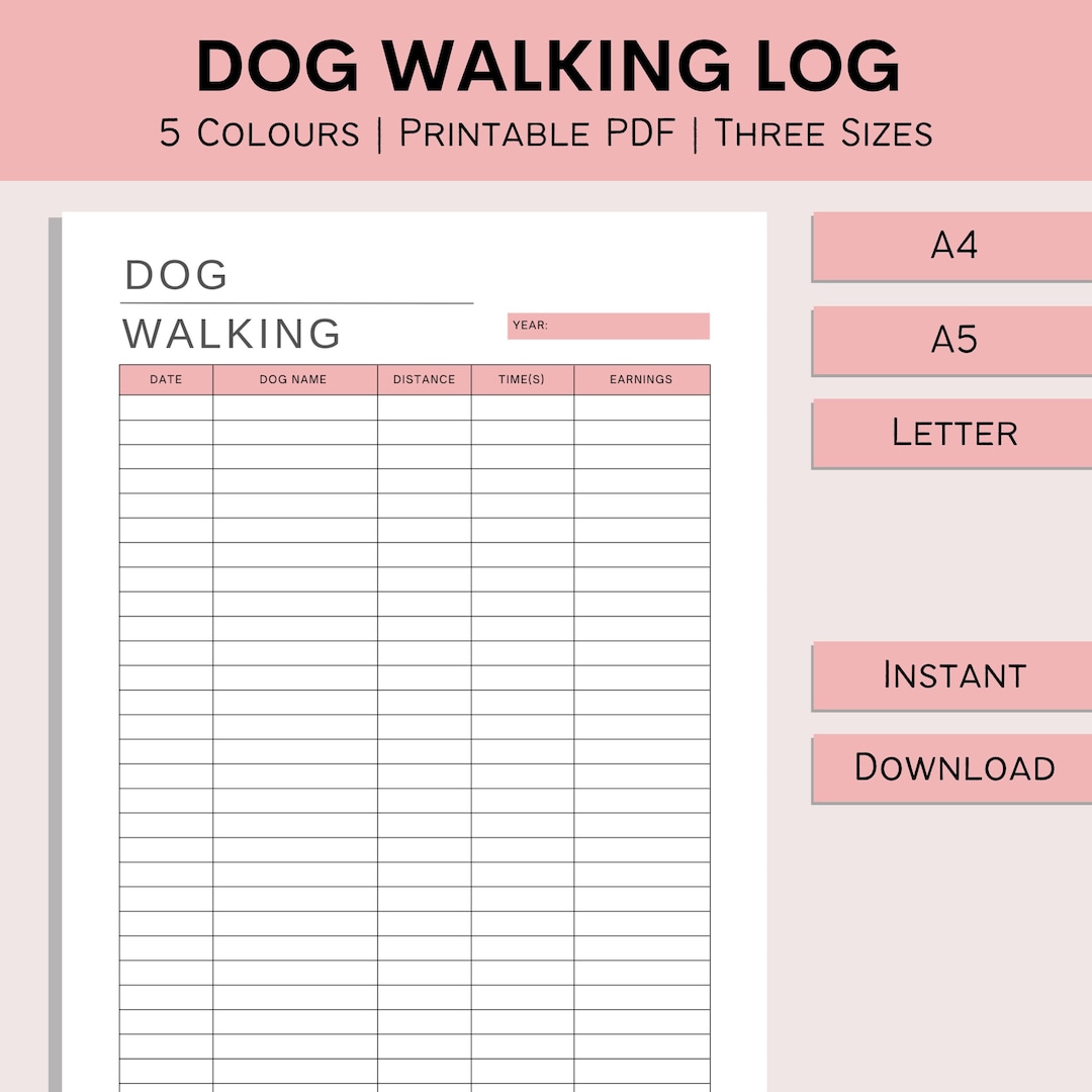 Dog Walking Log Printable Dog Walking Business Small Business Tracker