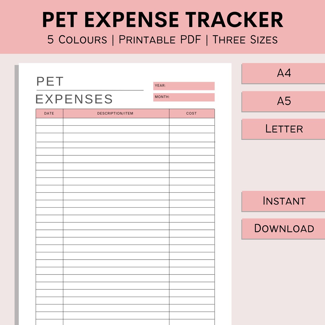 Pet Expense Tracker Printable Spending Log Cat Spending Dog Cost Sheet