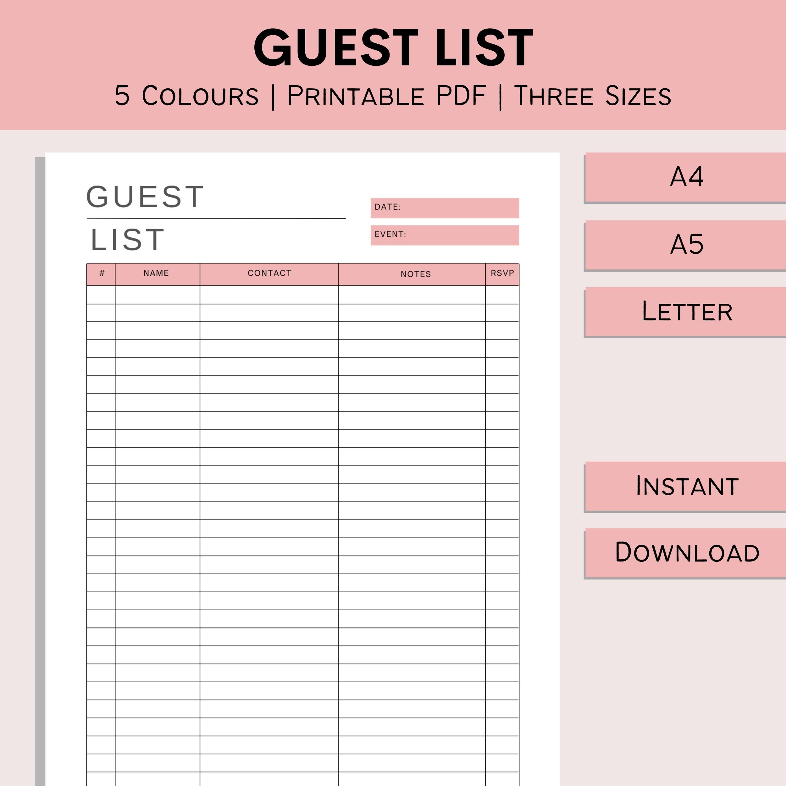 Guest List Guest List Tracker Printable Guest Sheet -  Portugal
