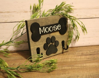 Porte-laisse pour chien, porte-laisse en bois, os de chien, signe de patte de chien, signe de chien en bois, os de chien et support de laisse de patte, support de laisse en os de chien