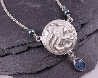 Art Nouveau Sterling Silver Necklace with Snake Pendant, Blue Opal Triplet, Green Sweetwater Pearl, 925 Silver, French, gift