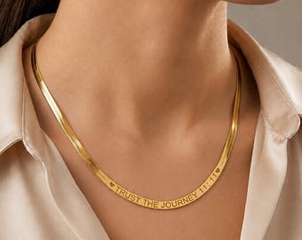 14K Gold Herringbone Chain Necklace, Name Engraved Herringbone Chain Necklace, Personalized Herringbone Chain Necklace, Snake Chain Necklace