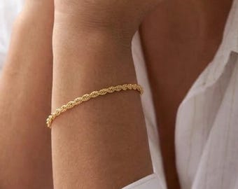 14k Gold Rope Chain Bracelet, Thin Twist Chain Bracelet, Rope Chain Bracelet, Twisted Rope Chain Bracelet for Women