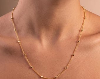 14K Gold Ball Chain Necklace, Gold Satellite Chain Necklace, Ball Curb Chain Necklace, Layering Necklace, Small Ball Chain Necklace