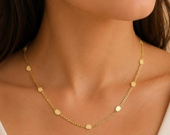 14K Gold Diamond Station Necklace, Dainty Station Chain Necklace, Gold Satellite Chain Necklace,  Layering Gold Necklace, Minimalist Gold