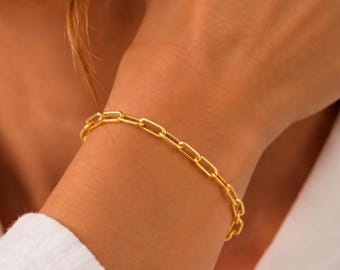 14k Gold Paperclip Chain Bracelet, Dainty Paper Clip Chain Bracelet, 925K Silver Paper Clip Chain, Link Chain Bracelet, Bracelet for Women