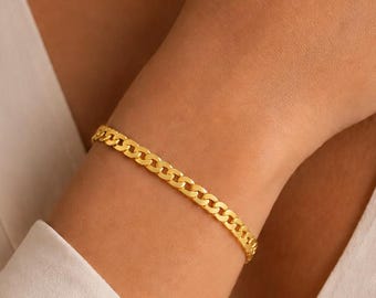 14k Gold 3mm Cuban Curb Chain Bracelet, 14K Gold Thick Cuban Chain Bracelet, 14k Gold Dainty Gold Sarpatin Chain Bracelet, Everyday Bracelet