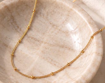 14K Gold Beaded Satellite Chain, Gold Station Necklace,  Beaded Choker, Dew Drop Chain, Gold Necklace, Bridesmaid Gifts