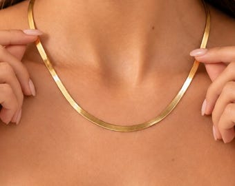 14K Gold Herringbone Chain Necklace, Snake Choker Chain Necklace, Snake Chain Necklace, 2.5 mm Everyday Necklace for Women