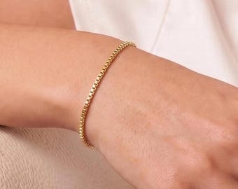 14k Gold Box Chain Bracelet,  Adjustable Bracelet for Women Bracelet, Round Box Chain Bracelet, Ladies Chain Bracelet, Gift for Her