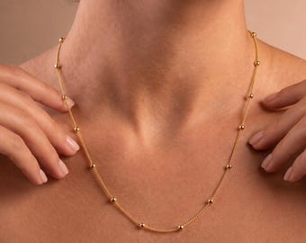 14K Gold Beaded Satellite Chain, Delicate Beaded Choker, Dew Drop Chain, Gold Station Necklace, Layering Gold Necklace, Bridesmaid Gifts