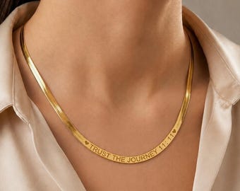 14K Gold Herringbone Chain Necklace, Name Engraved Herringbone Chain Necklace, Personalized Herringbone Chain Necklace, Snake Chain Necklace