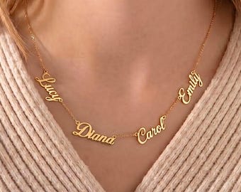 14k Gold Multiple Name Necklace, Custom 4 Name Plate Necklace, Baby Name Necklace, Family Name Necklace, Mothers Day Gifts for Mom