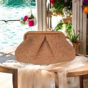 Häkeln Raffia Tasche, Sommer Beutel Tasche, Raffia Wolke Tasche, Handgemachte Tasche, Korb Strand Clutch, Party Handtasche, gewebte Knödel Tasche