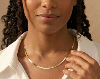 14K Gold Herringbone Chain Necklace, Snake Choker Chain Necklace, Snake Chain Necklace, 2.5 mm Everyday Necklace for Women