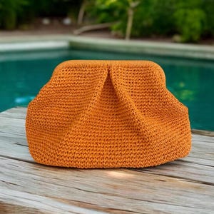 Straw Summer Pouch Bag,Raffia Cloud bag,Crochet Raffia Pouch Clutch Bag,Wicker Beach Clutch,Woven Dumpling Bag
