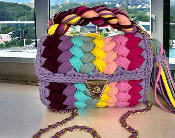Sac multicolore/sac tricoté coloré fait main/sac tissé à la main/sac fait main/sac au crochet/sac tricoté à la main/sac de luxe/sac pour femme/sac à bandoulière