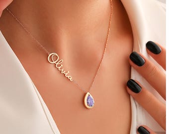 Personalized June Birthstone Name Necklace, Handmade Alexandrite Birthstone Necklace, Birthstone Necklace, Anniversary Gifts for Wife
