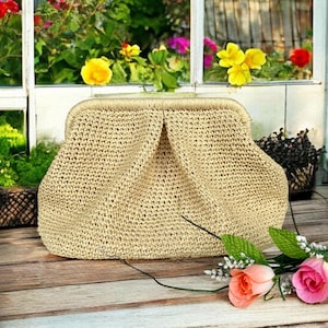 Häkeln Raffia Tasche, Sommer Beutel Tasche, Raffia Wolke Tasche, Handgemachte Tasche, Korb Strand Clutch, Party Handtasche, gewebte Knödel Tasche