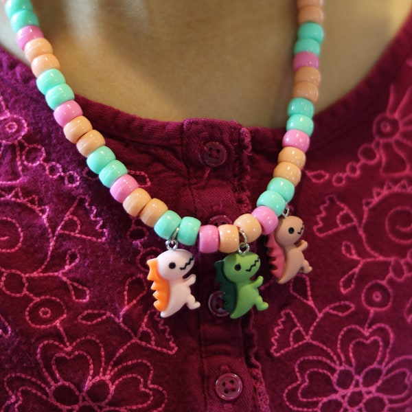 Girl's Dinosaur Beaded Necklace -Pink Orange Green- Adjustable Lobster Clasp