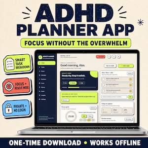 ADHD Planner App, ADHD Digital Planner, Executive Function Organizer, Habit Tracker, Time Blocking, Goal Planner for ADHD Adults