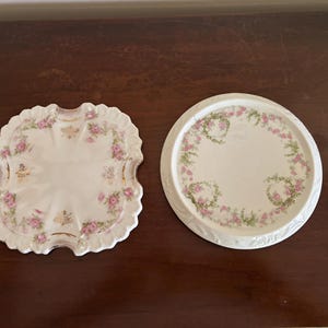 Antique Tea Tiles: 2 White Porcelain Trivets, Transferware, Pink Floral, 6 1/4" Square & Round