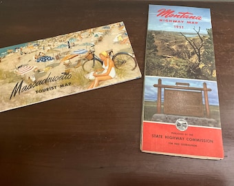 Vintage 1950s State Maps, Massachusetts and Montana